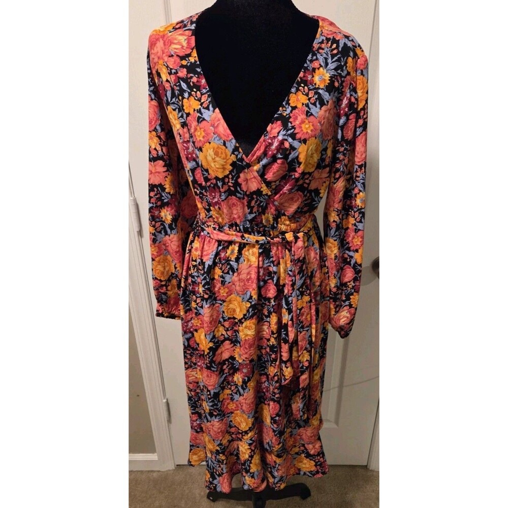 LC Lauren Conrad Floral Wrap V-Neck Balloon Sleeve Midi Dress Multicolor -Size S